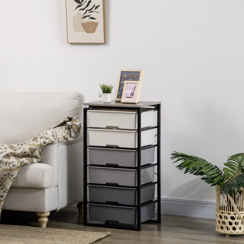 HOMCOM Dresser Storage Drawers with 6 Plastic Bins and Steel Frame, Crafting Bins for Living Room, Bedroom, Gray