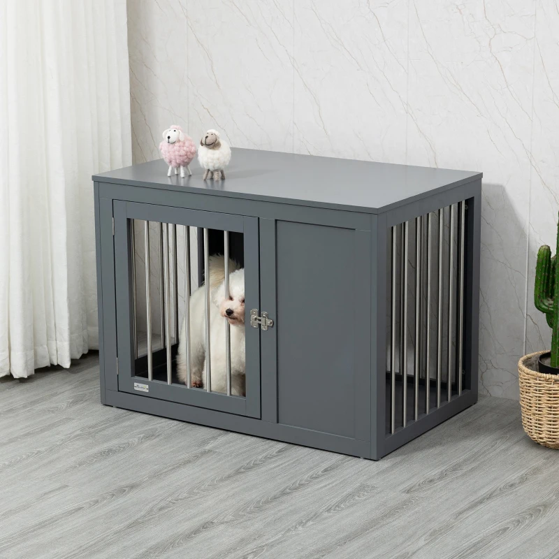 PawHut Dog Crate Furniture Wire Pet Cage Wooden Dog Kennel, End Table with Double Doors, and Locks, for Medium and Large Dog House Indoor Use, Gray