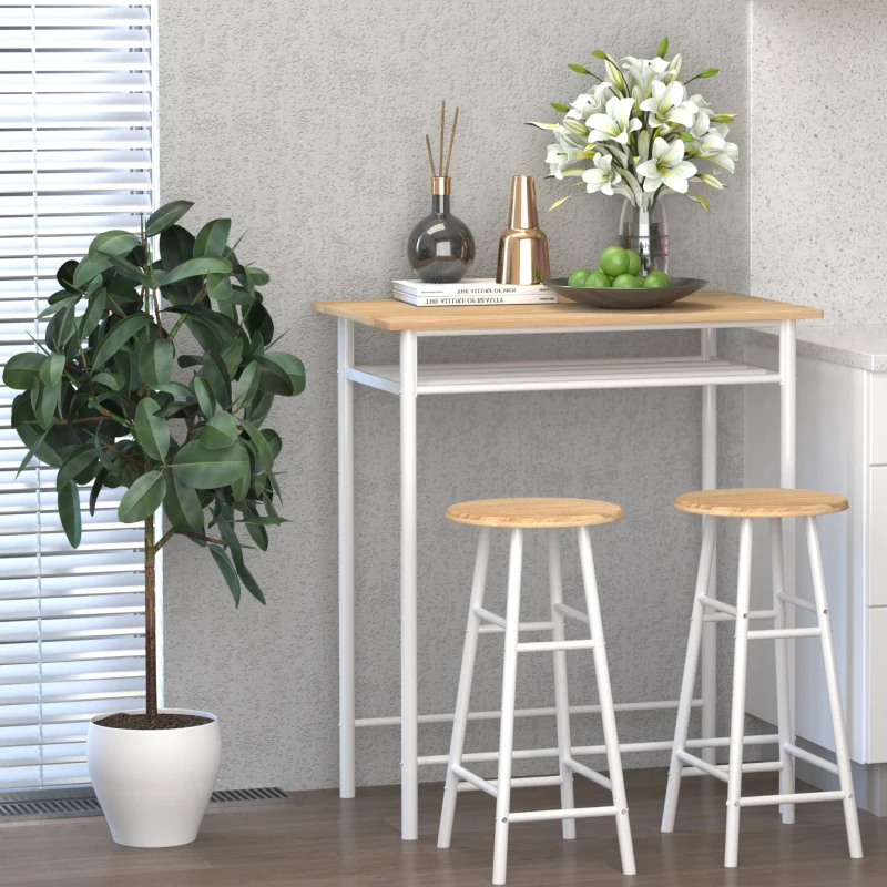HOMCOM 3 Piece Counter Height Bar Table and Chairs Set, Space Saving Dining Table with 2 Matching Stools, Storage Shelf Metal Frame Footrest, White/Oak