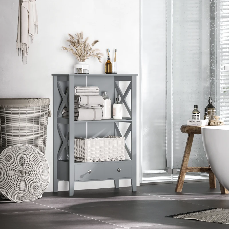 kleankin X- Frame Freestanding Floor Bathroom Storage with Two Drawers, Storage Organizer, Cabinet with 3 Shelves, Gray