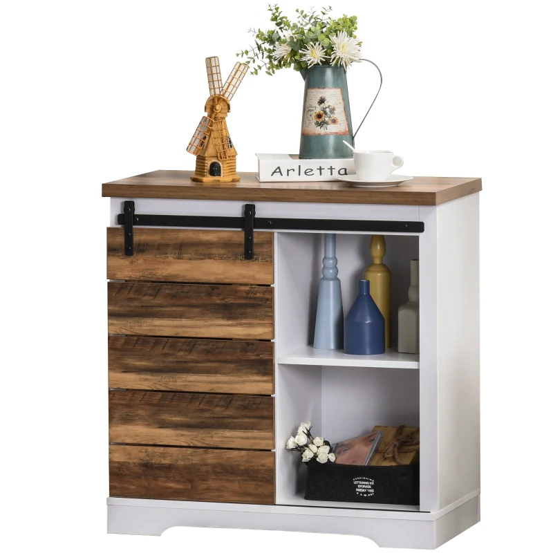 HOMCOM Farmhouse Sideboard Buffet Cabinet, Sliding Barn Door Style Accent Cabinet, Kitchen Cabinet with Interior Shelves, White/Brown