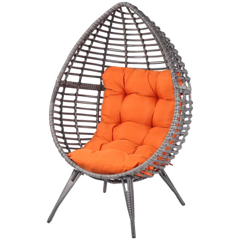 Outsunny Patio Wicker Egg Chair w/ Soft Cushion, Teardrop Cuddle Seat, Outdoor / Indoor Patio Chair, PE Plastic Rattan Furniture with Adjustable Height Feet Pads, Orange