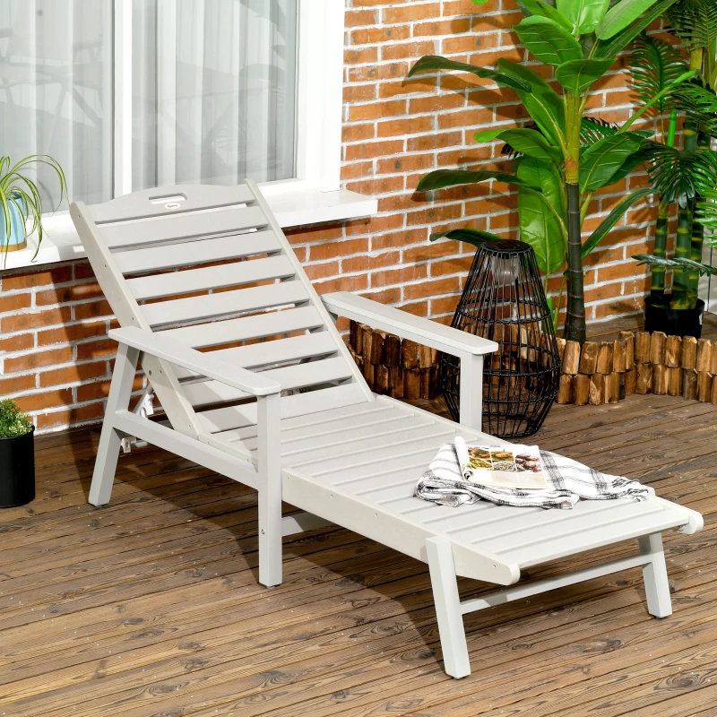 Outsunny Outdoor Chaise Lounge Chair, Heavy-Duty Plastic HDPE Pool Furniture with 5 Positions Reclining Backrest & Aluminum Frame for Beach, Tanning, Poolside, Patio, Light Gray
