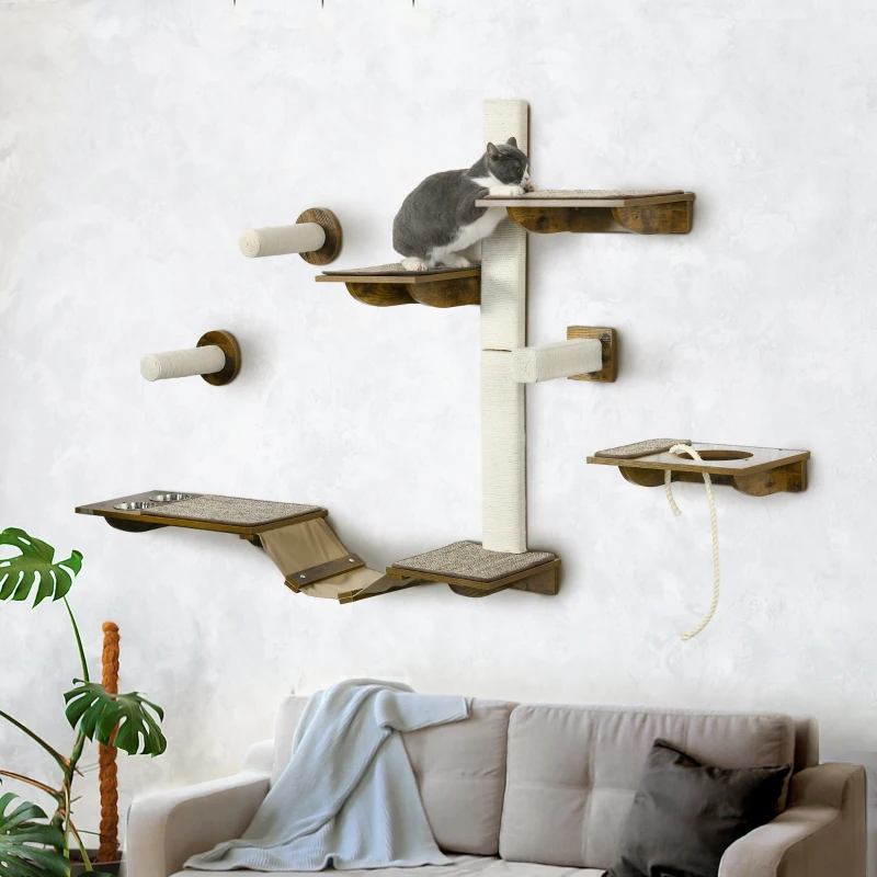 PawHut 8 Piece Cat Wall Shelves for Climbing, Sleeping, Playing, Brown