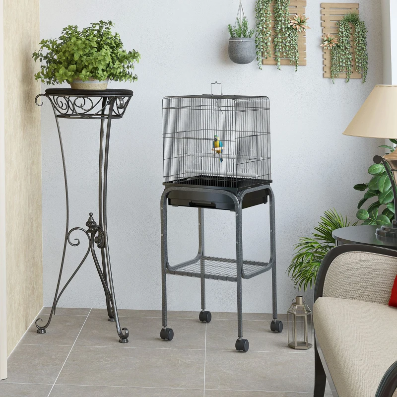 Pawhut 45-inch Metal Indoor Bird Cage, Parrot Cage, Bird Aviary with Detachable Rolling Stand, Storage Basket, and Accessories - Black