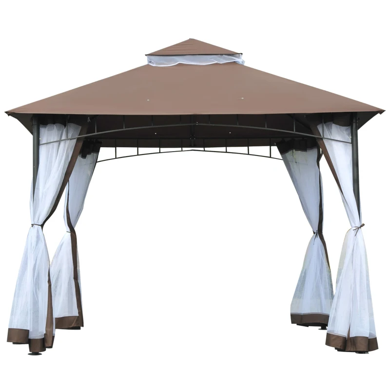 Outsunny 10' x 10' Outdoor Patio Gazebo Canopy Tent with Mesh Sidewalls, 2-Tier Canopy for Backyard, Coffee