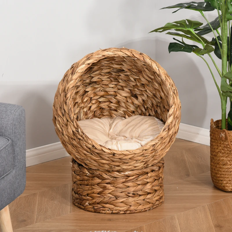 PawHut 20" Natural Braided Banana Leaf Elevated Cat Bed Basket with Cushion - Brown