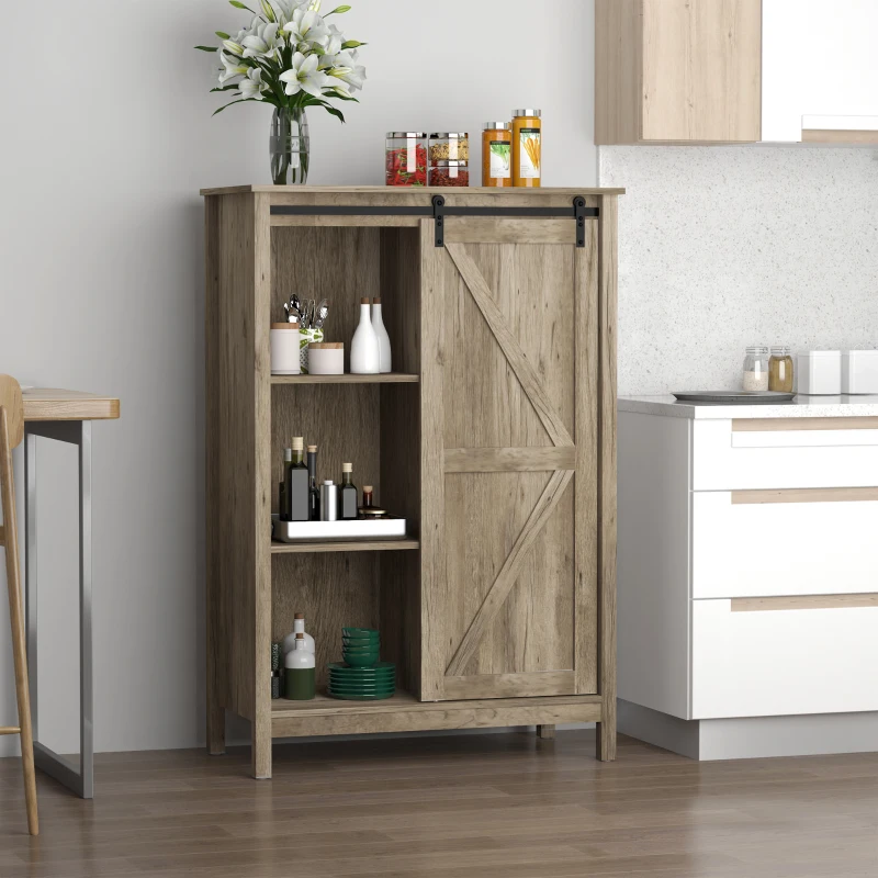 HOMCOM Farmhouse Accent Cabinet, Kitchen Cupboard Storage Cabinet with Barn Door and Adjustable Shelf, Antique Gray