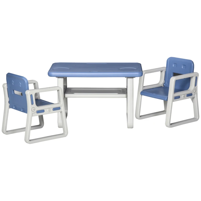 Qaba 3-Piece Kids Table and Chair Set Writing Desk with Armrest, Storage Space for Toddler Activities, Blue