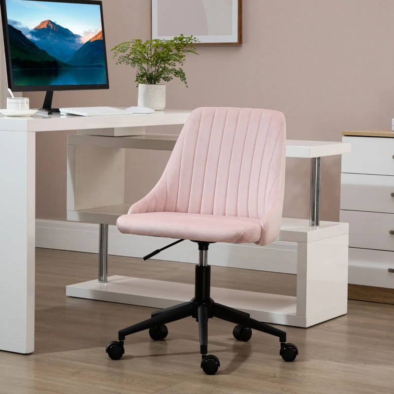 Vinsetto Mid-Back Office Chair, Velvet Fabric Swivel Scallop Shape Computer Desk Chair for Home Office or Bedroom, Pink