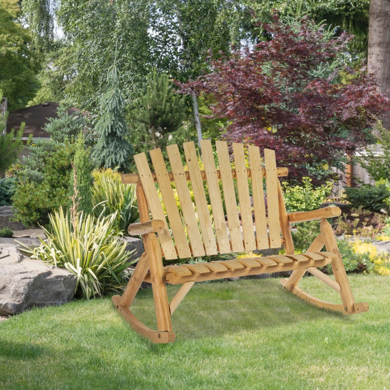 Outsunny Outdoor Wooden Rocking Chair, Double-Person Adirondack Rocking Patio Chair with Rustic High Back, Slatted Seat and Backrest for Indoor, Backyard, Garden, Natural