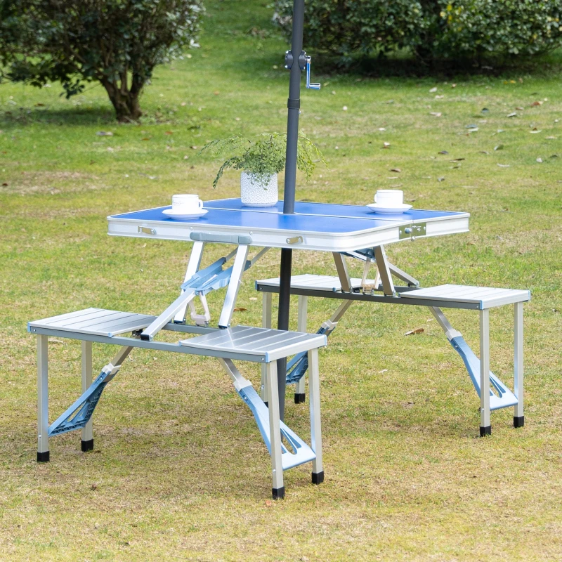 Outsunny 34" Portable Camping Table with 4 seat Outdoor Portable Folding Aluminum Picnic Table, Chairs for Camping w/ Case