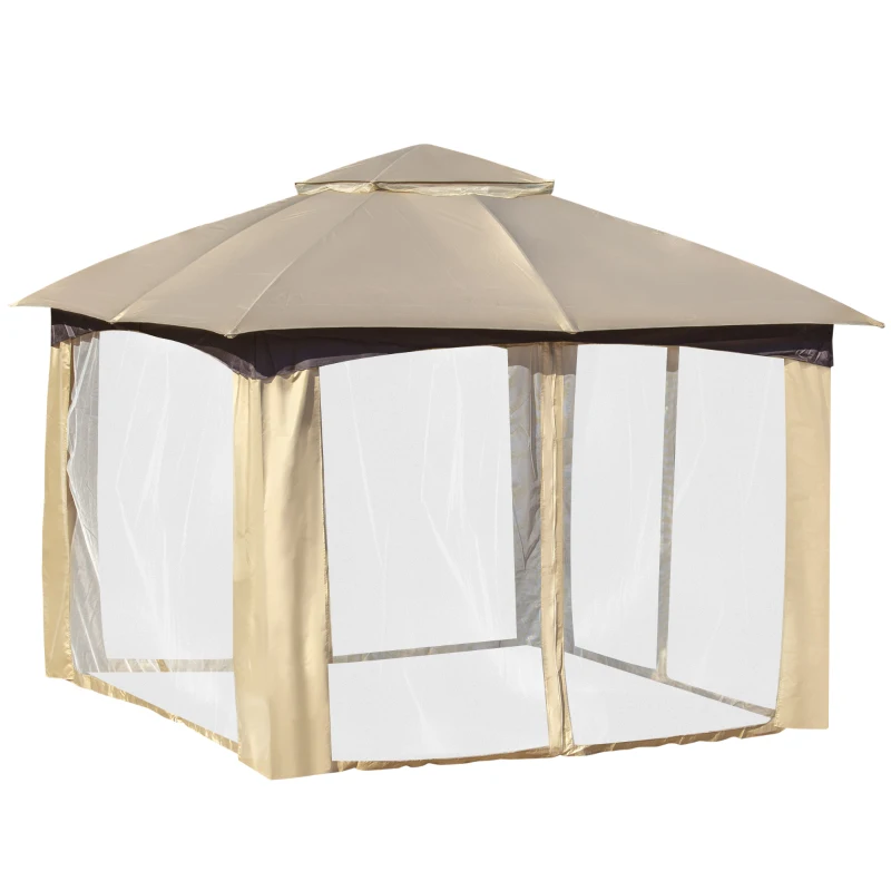 Outsunny 11' x 11' Steel Gazebo Canopy Party Tent Shelter with Double Roof, Netting Sidewalls, Corner Curtains, Beige