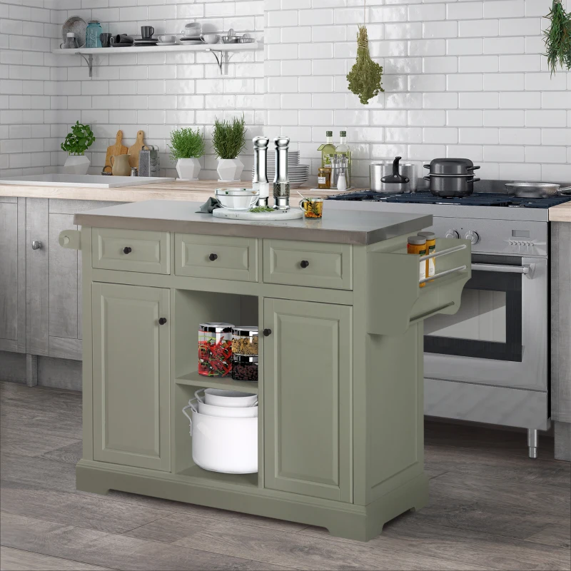 HOMCOM Rolling Kitchen Island with Storage, Kitchen Cart with Stainless Steel Top, Spice Rack & Drawers, Gray