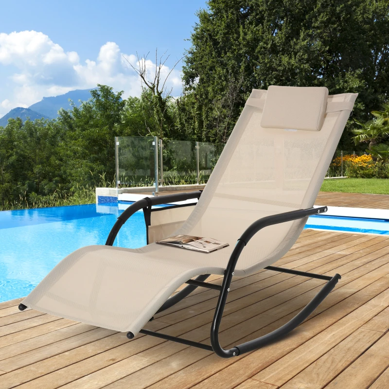 Outsunny Outdoor Rocking Chair, Chaise Lounge Pool Chair for Sun Tanning, Sunbathing, a Rocker with Side Pocket, Armrests & Pillow for Patio, Lawn, Beach, Cream White