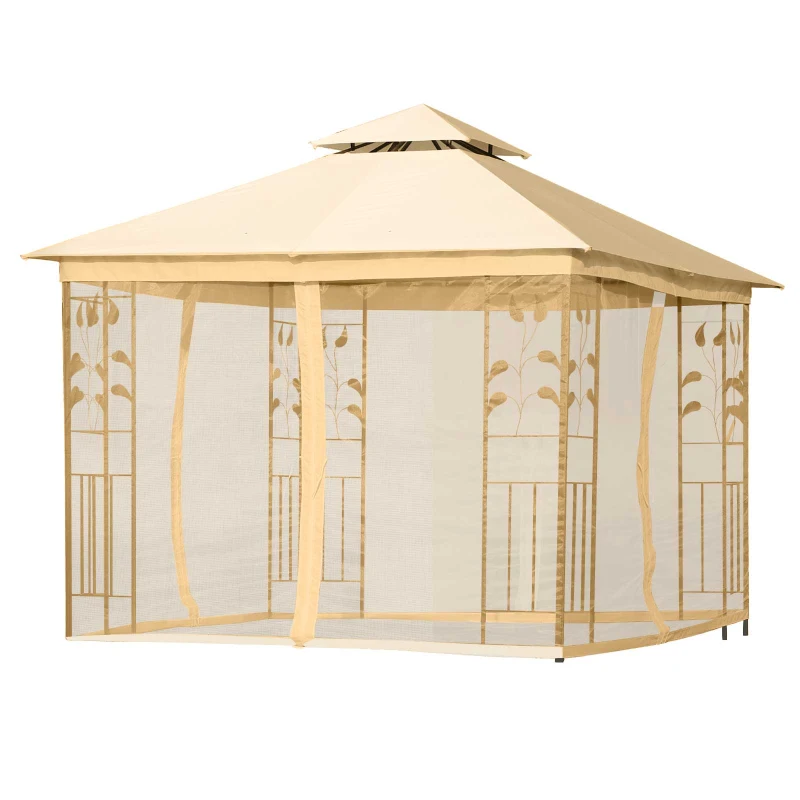 Outsunny 10'x10' Soft-top Steel Patio Gazebo Outdoor Sun Shelter with 2-Tier Polyester Roof, Curtain Sidewalls, Beige