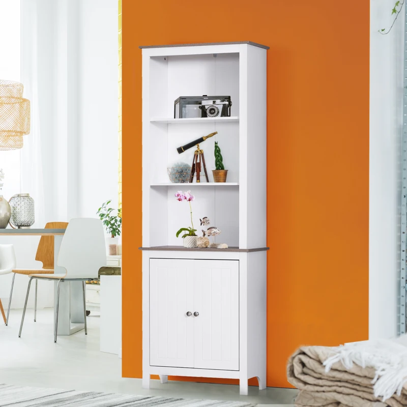 HOMCOM 69'' Freestanding Storage Cabinet, Bathroom Linen Tower, Kitchen Cupboard, Buffet Cabinet, Bookcase with Double Door 3-Tier Shelf for Home Office, White