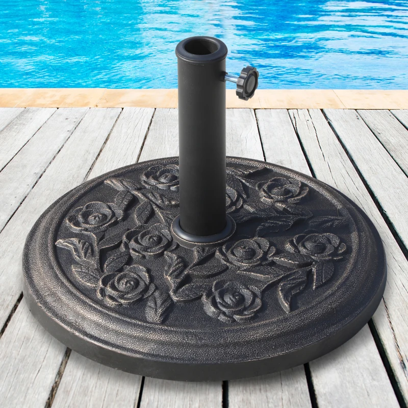 Outsunny 18" 20 lbs Round Resin Umbrella Base Stand Market Parasol Holder with Decorative Rose Floral Pattern & Easy Setup, for Φ1.5", Φ1.89" Pole, for Lawn, Deck, Backyard, Garden, Bronze