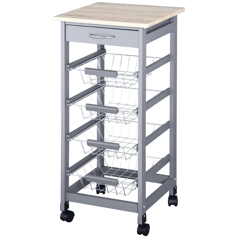 HOMCOM Mobile Kitchen Cart, Rolling Kitchen Island with Storage, Solid Wood Frame Utility Cart with Wire Fruit Baskets and Drawer, Gray
