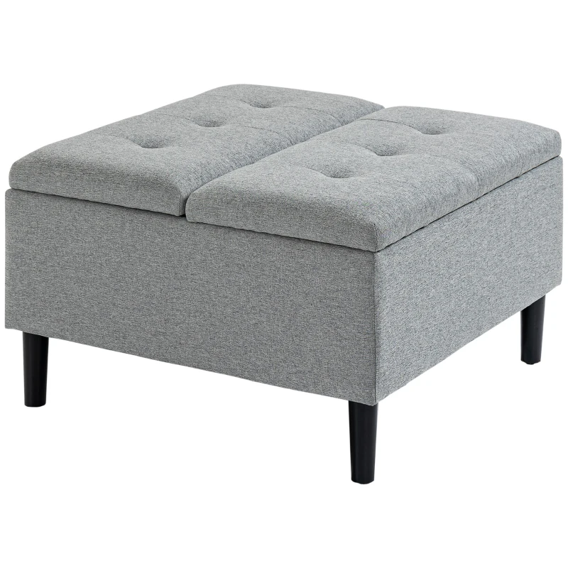 HOMCOM 30" Square Storage Ottoman, Upholstered Ottoman Coffee Table with Lift Top, Button Tufted and Wood Legs, Accent Footstool for Living Room, Light Gray
