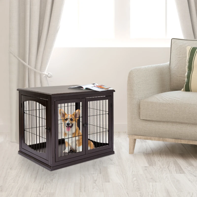 PawHut Dog Crate Furniture, 32" Small Dog Cage End Table with 2 Doors, Lockable Door, Puppy Kennel Indoor, Coffee