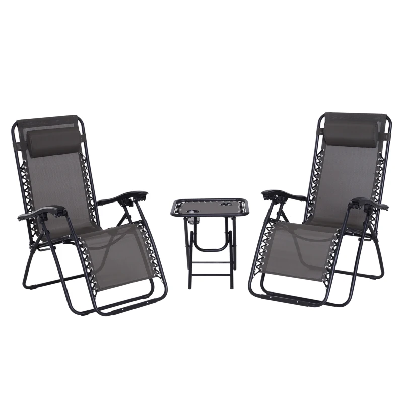 Outsunny Zero Gravity Chair Set of 2 Patio Chair with Side Table Cupholders and Pillows for Pool, Backyard, Lawn, Beach, Grey
