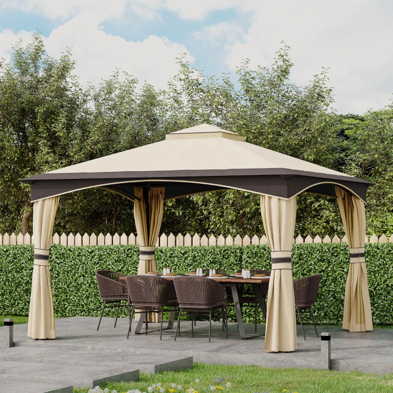 Outsunny 10' x 12' Outdoor Gazebo with Netting and Curtains, Patio Gazebo Canopy with 2-Tier Soft Top Roof and Steel Frame for Lawn, Garden, Backyard and Deck
