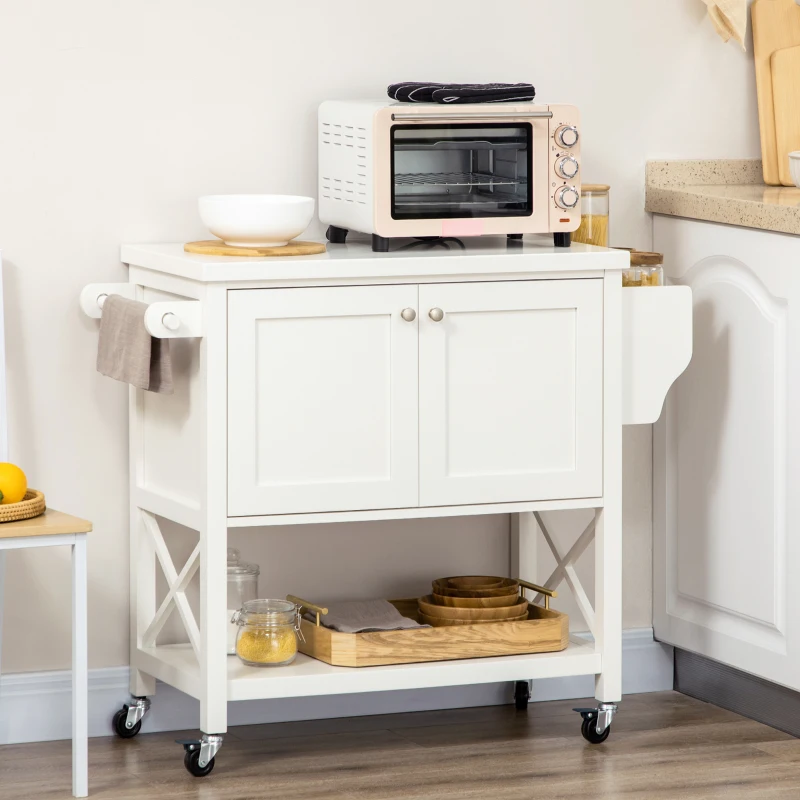 HOMCOM Rolling Kitchen Island Cart with Rubberwood Top and Storage, White