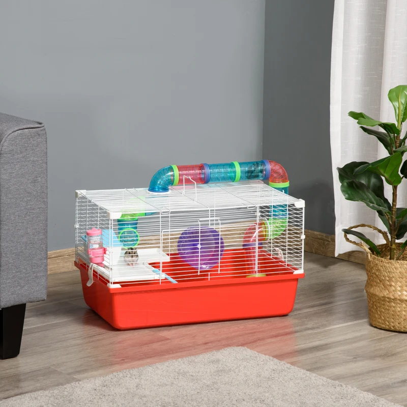 PawHut Large Hamster Cage with Tubes and Tunnels, 2-Level Steel Rat Cage, Small Animal House, Includes Exercise Wheel, Hut, Water Bottle, Food Dish, 23" x 14" x 14", Red