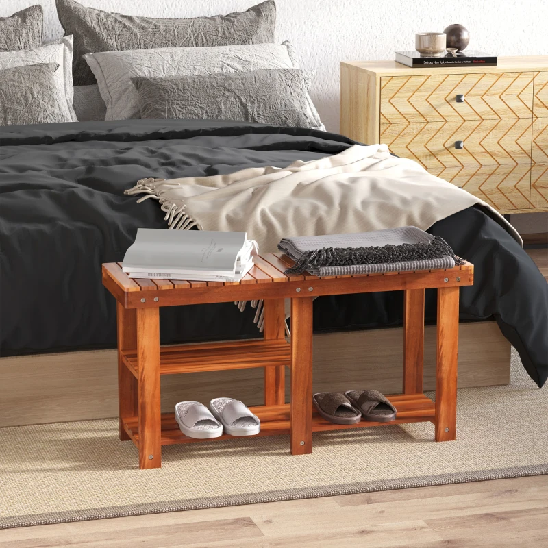 HOMCOM 3-Tier Shoe Rack Bench, Acacia Wood Shoe Organizer, Rustic Entryway Bench with Storage Shelves for Entryway, Hallway, Livingroom, Teak