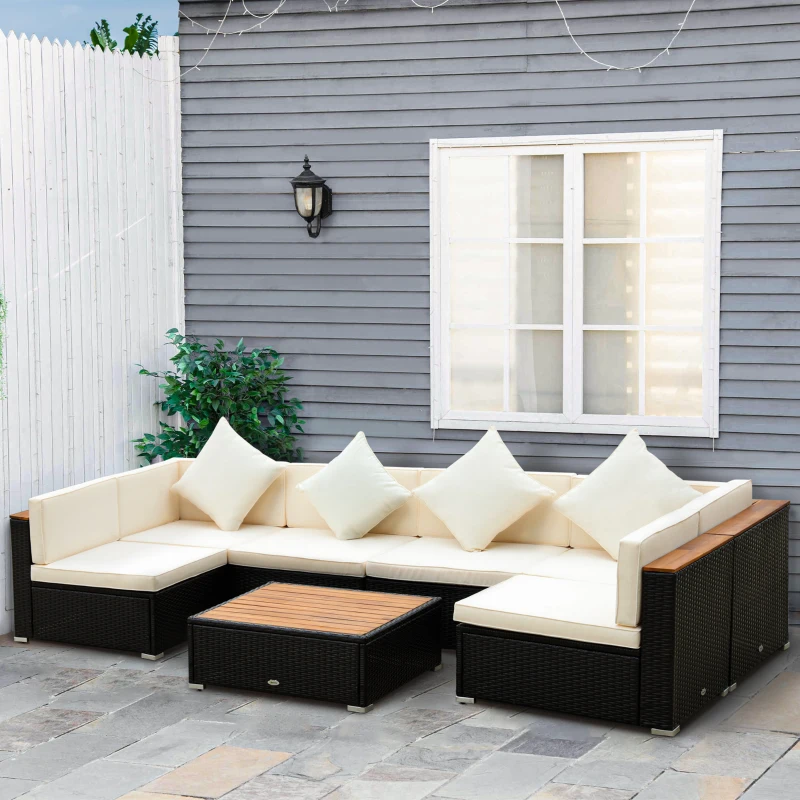 Outsunny 7-Piece Patio Furniture Sets PE Rattan Sectional Sofa Set Outdoor Conversation Set w/ Acacia Top Coffee Table & Cushion for Garden, Backyard, Beige