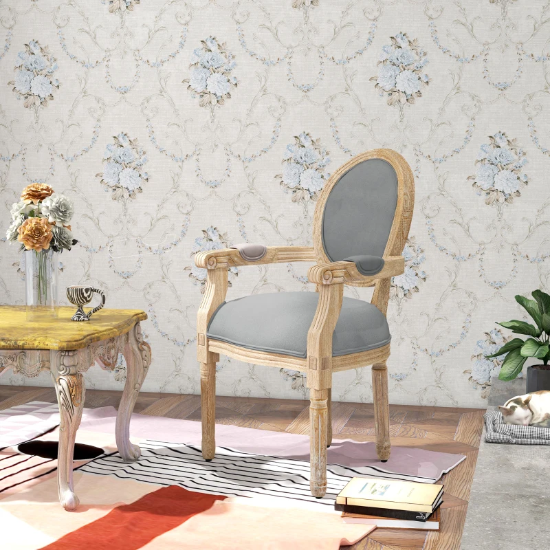 HOMCOM Vintage Dining Chair with Round Back, Thick Sponge Padded Seat and Section Armrest with Wood Frame, Gray