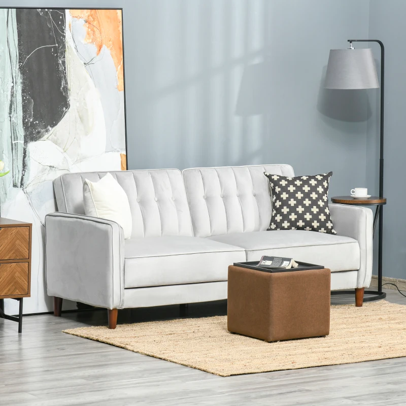 HOMCOM Convertible Sofa Sleeper Futon with Split Back Design Recline, Thick Padded Velvet-Touch Cushion Seating and Wood Legs, Light Grey