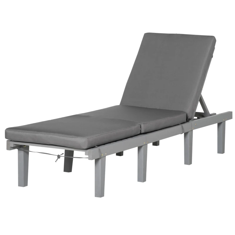 Outsunny Chaise Lounge Chair for Outdoor, Wood Outdoor Chaise Lounge with 4-Position Adjustable Backrest and Cushion, Reclining Beach Lounge Chair for Deck, Pool, Lawn and Sunbathing, Gray