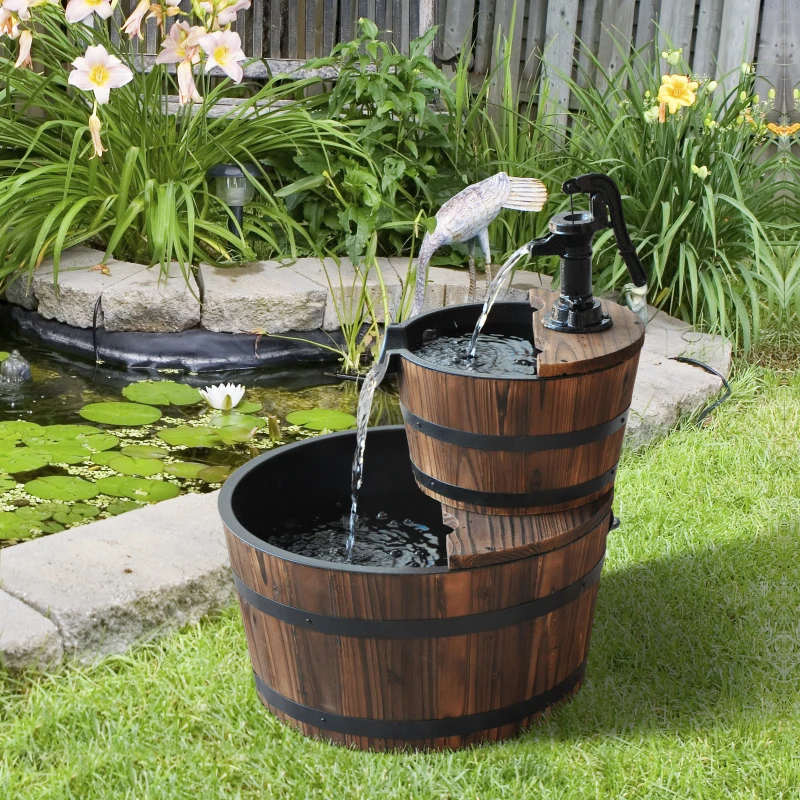 Outsunny Wood Freestanding Fountain with 2 Tier Waterfall Barrel, Electric Pump for Garden Decor, Lawn, Backyard