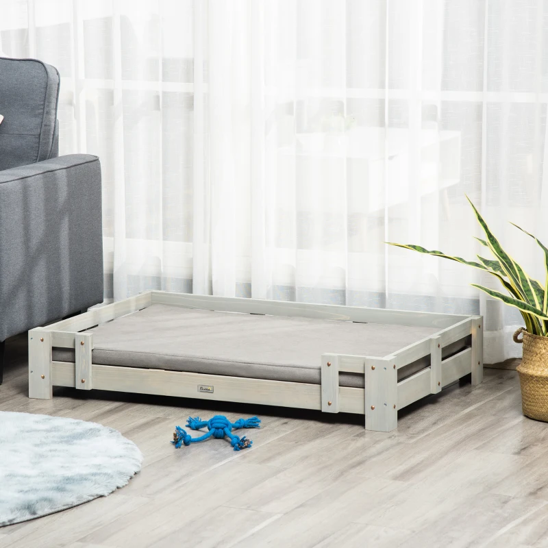 PawHut Large Dog Bed with Soft Foam Cushion, Wooden Dog Couch with Roomy Surface, Elevated, Slate Gray