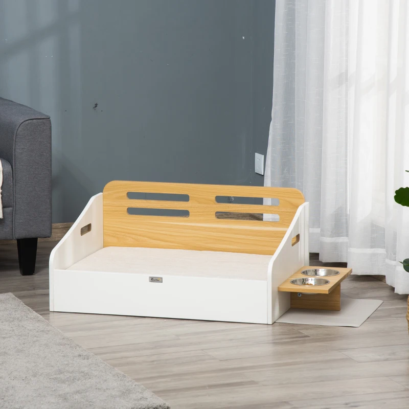 PawHut Wooden Dog Bed, Furniture Style Pet Couch, Cat Sofa with Soft Cushion, Backrest, 2 Feeding Bowls, Handles, for Small and Medium Sized Dog