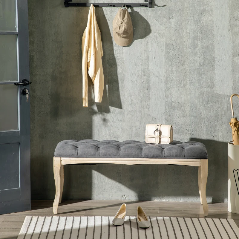 HOMCOM 43" Upholstered Entryway Bench, Linen Fabric Ottoman Stool with Button Tufted Seat, and Rubber Wood Legs for Living Room, Bedroom, or Hallway, Dark Grey
