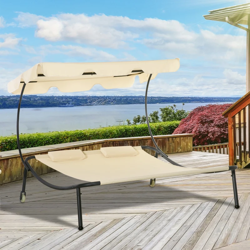 Outsunny Patio Double Chaise Lounge Chair, Outdoor Wheeled Hammock Daybed with Adjustable Canopy and Pillow for Sun Room, Garden, or Poolside, Beige