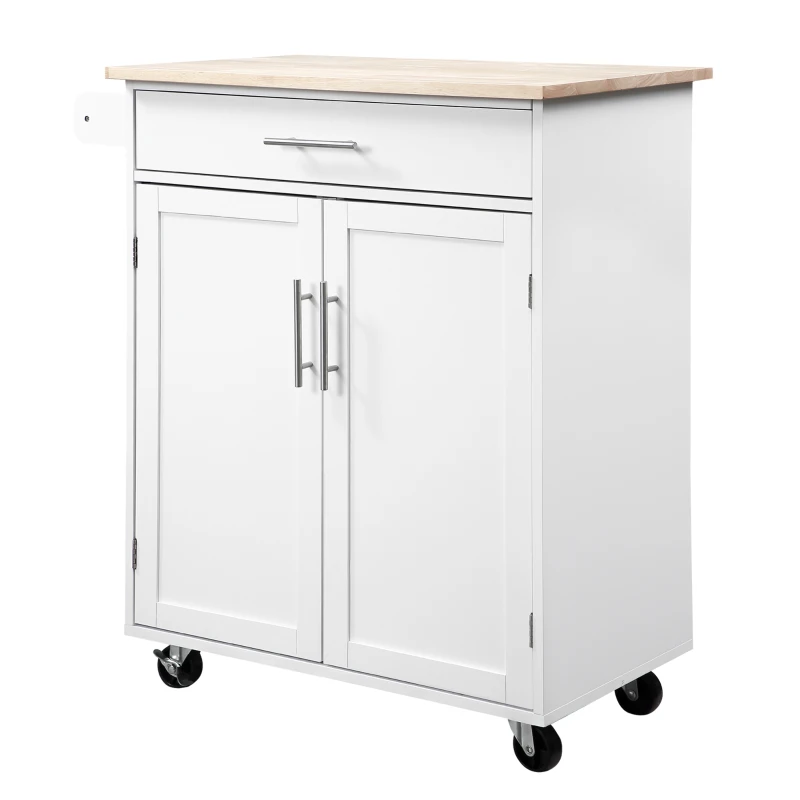 HOMCOM Kitchen Island Cart, Rolling Island Table with Solid Wood Top, Trolley Cart with Drawer, Storage Cabinet & Towel Rack, White
