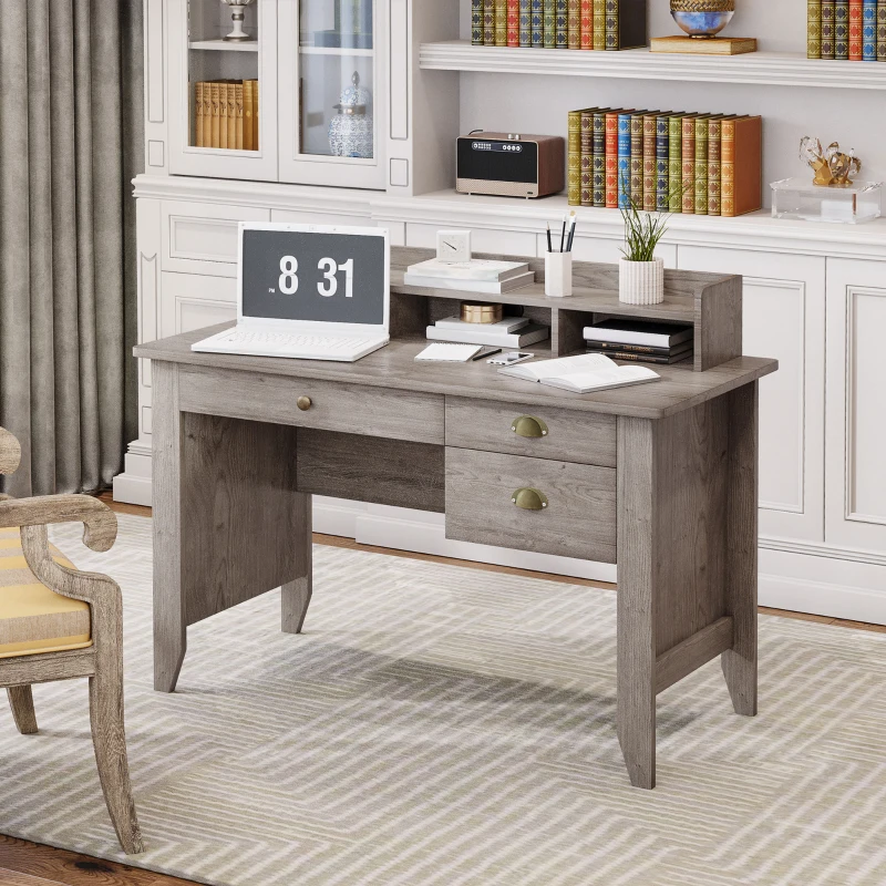 HOMCOM 47 Inches Computer Desk with Hutch, Writing Desk with Shelves and Drawers, Study Workstation for Home Office, Gray