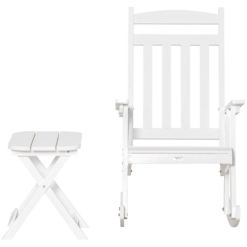 Outsunny 2 Pieces Wood Patio Bistro Set, Outdoor Rocking Chair Set with Armrests and High Back Rocking Chair and Portable Side Table, for Indoor, Outdoor, Patio, Backyard, White