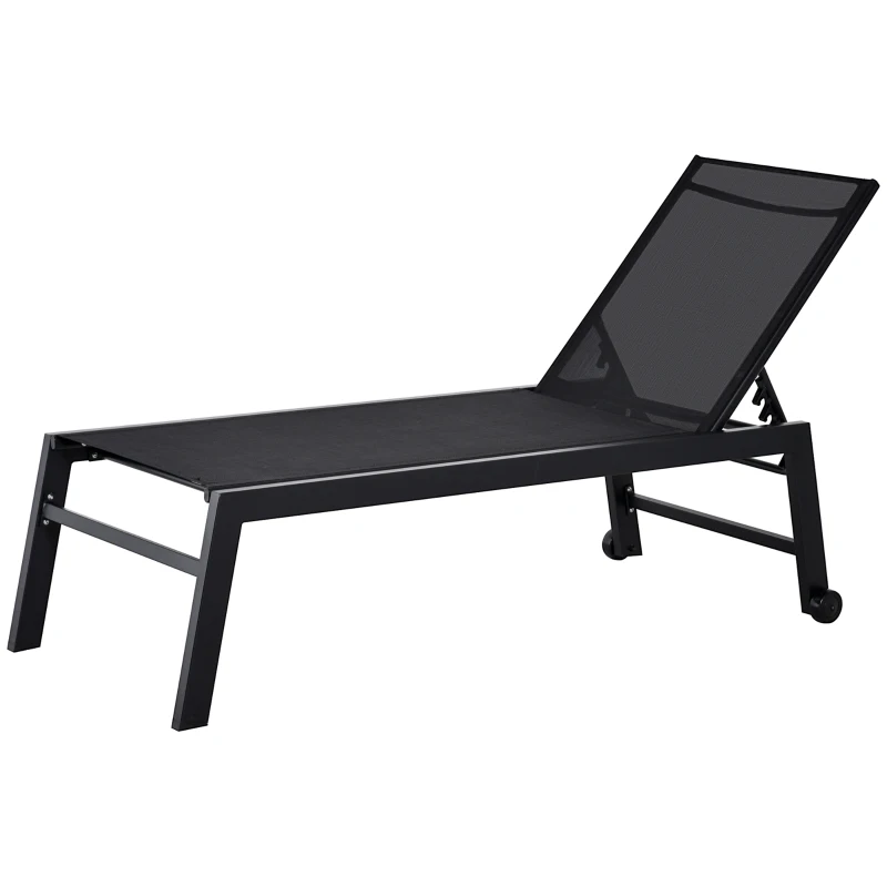 Outsunny Outdoor Chaise Lounge with Wheels, Five Position Recliner for Sunbathing, Suntanning, Steel Frame, Breathable Fabric for Beach, Yard, Patio, Black