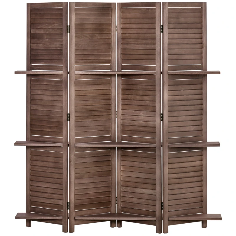 HOMCOM Room Divider, 4 Panel 67" Tall Wood Privacy Screen with 3 Display Shelves, and Folding Storage for Bedroom or Home Office, Walnut