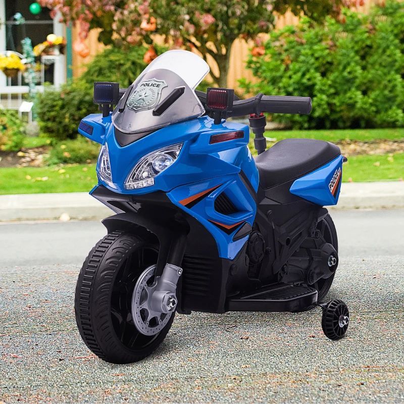 Aosom 6V Kids Motorcycle Police Electric Ride-On Dirt Bike Off-road Street Bike Battery Powered Rechargeable Horn Headlights Training Wheels Realistic Sounds for Girls and Boys 18 - 36 months Blue