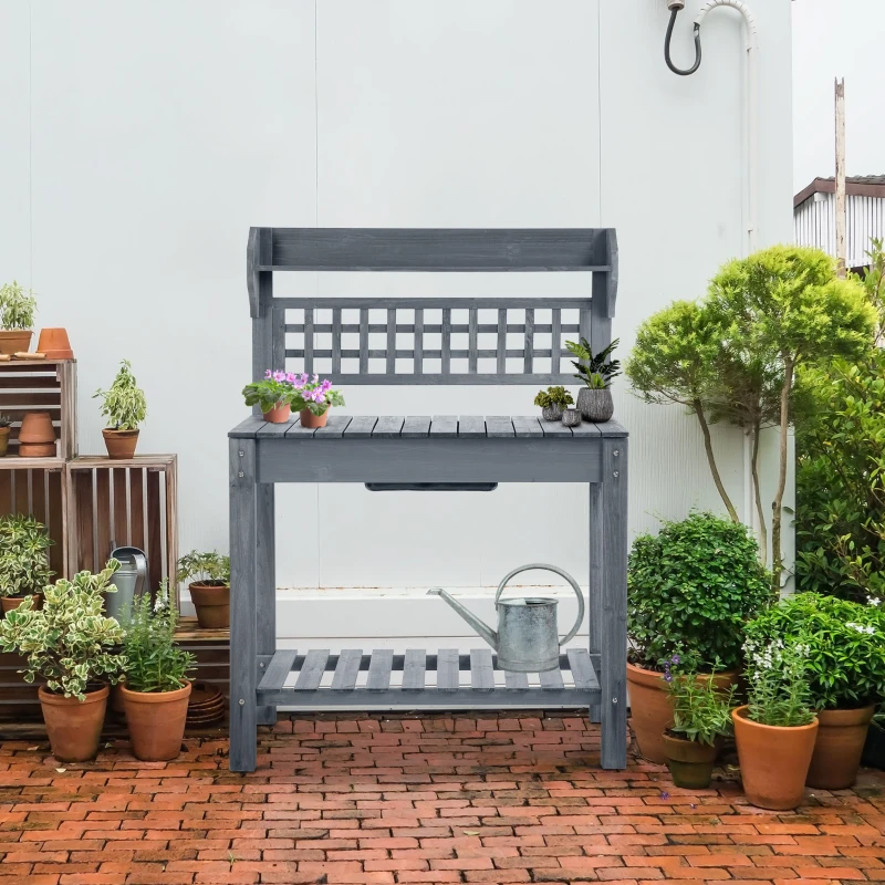 Outsunny Outdoor Potting Bench Table, Wooden Workstation with Sliding Tabletop, Storage Shelf and Dry Sink, for Greenhouse, Garden, Patio, Gray