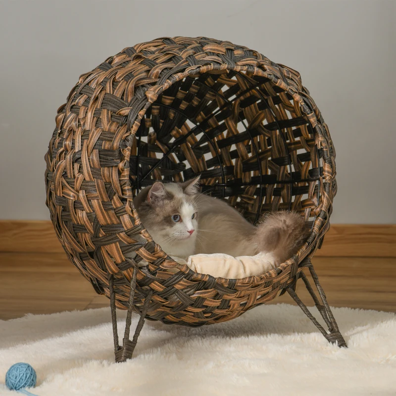 PawHut 20.5" Weaved Cat Bed, Elevated Hand-woven Braided Banana Leaf Kitten House Condo with Cushion, Brown