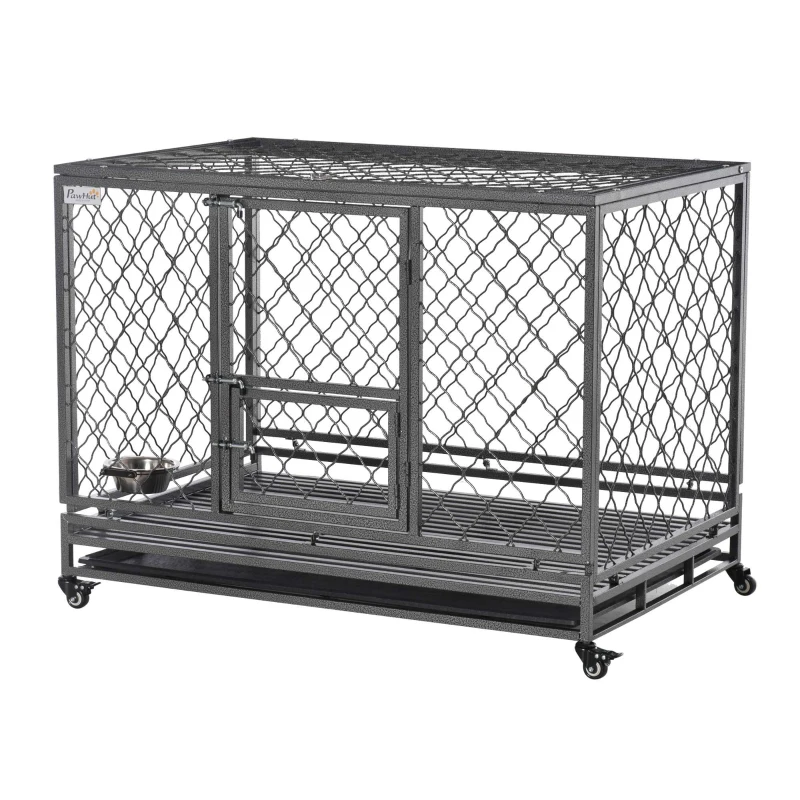 PawHut Heavy Duty Dog Crate, Metal Dog Cage Kennel with Lockable Wheels, Slide-Out Tray, Food Bowl and Double Doors, 49"