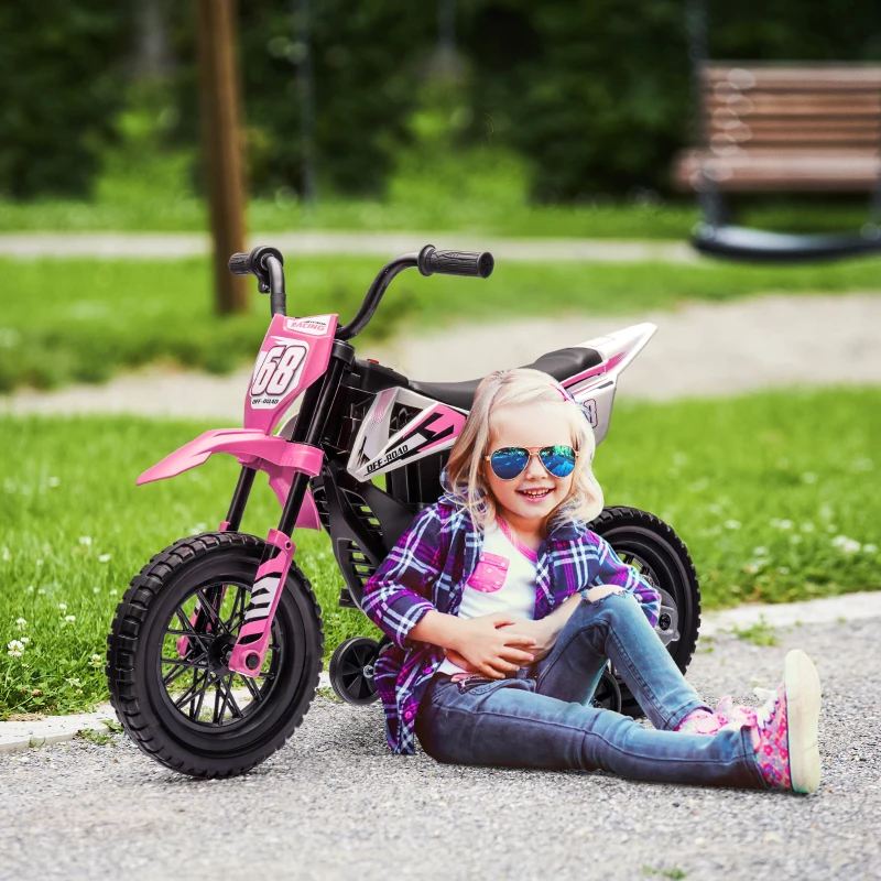 Qaba 12V Kids Electric Motorcycle w/ Twist Grip Throttle, Training Wheels, Rear Suspension & Music, Pink