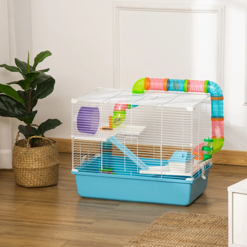 PawHut 3-Tier Large Hamster Cage with Tubes and Tunnels, Portable Carry Handles, Toy-Filled Steel Small Animal House, Includes Exercise Wheel, Water Bottle, Food Dish, 23" x 14" x 18.5", Light Blue